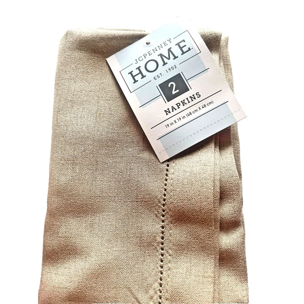 JCP JC Penney Set of 6 Hemstitch Fabric Napkins Light Beige 19x19 Easy Care